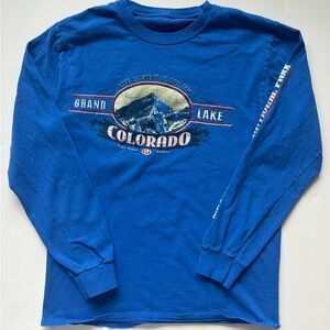 Grand Lake RMNP Colorado Long Sleeve Mountain Graphic Tee Blue Size S